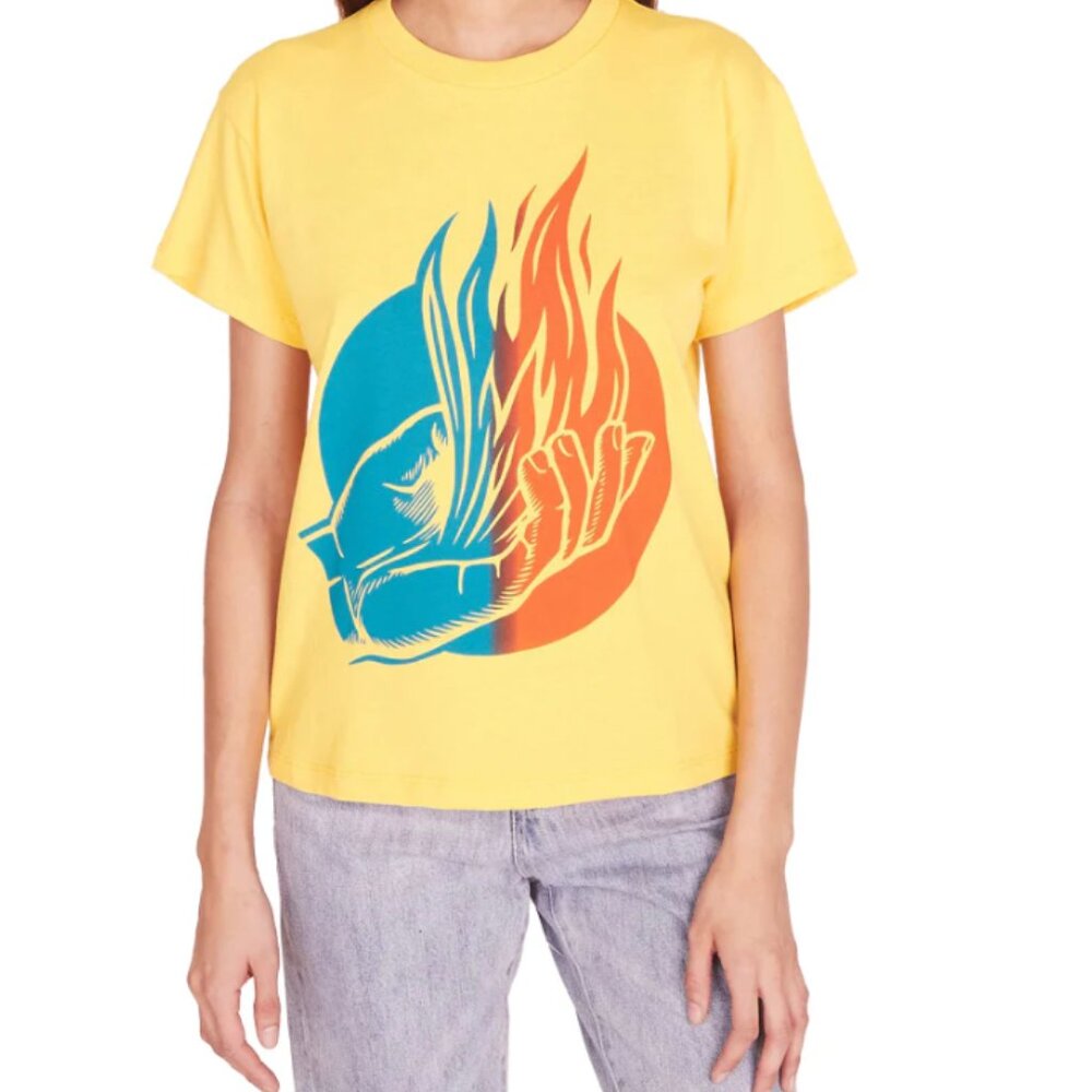 Obey Sustainable Yellow Flames Graphic T- Shirt Oversized Top Size L